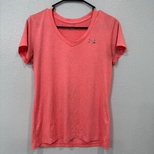 Under Armour Women Coral Pink V Neck‎ Short Sleeve Active T Shirt Athletic Fit